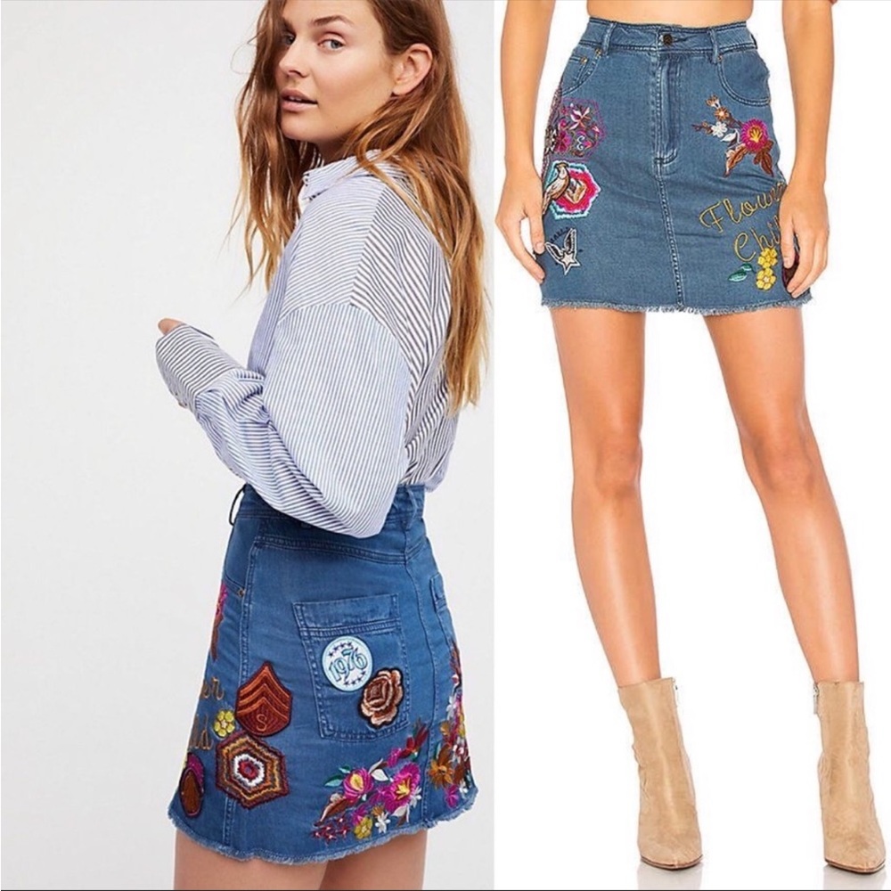 Spell Embroidered Denim Mini Skirt in Blue with Multicolor Patchwork